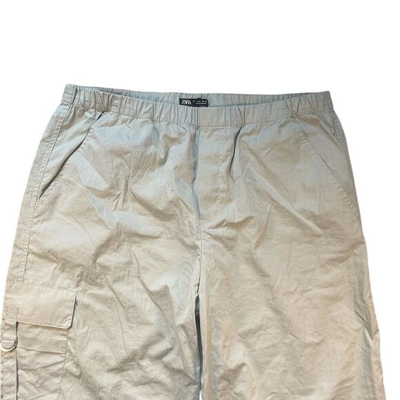 ZARA Beige Nylon Wide Leg Parachute Trousers Cargo Pants Size Large - Picture 5 of 14